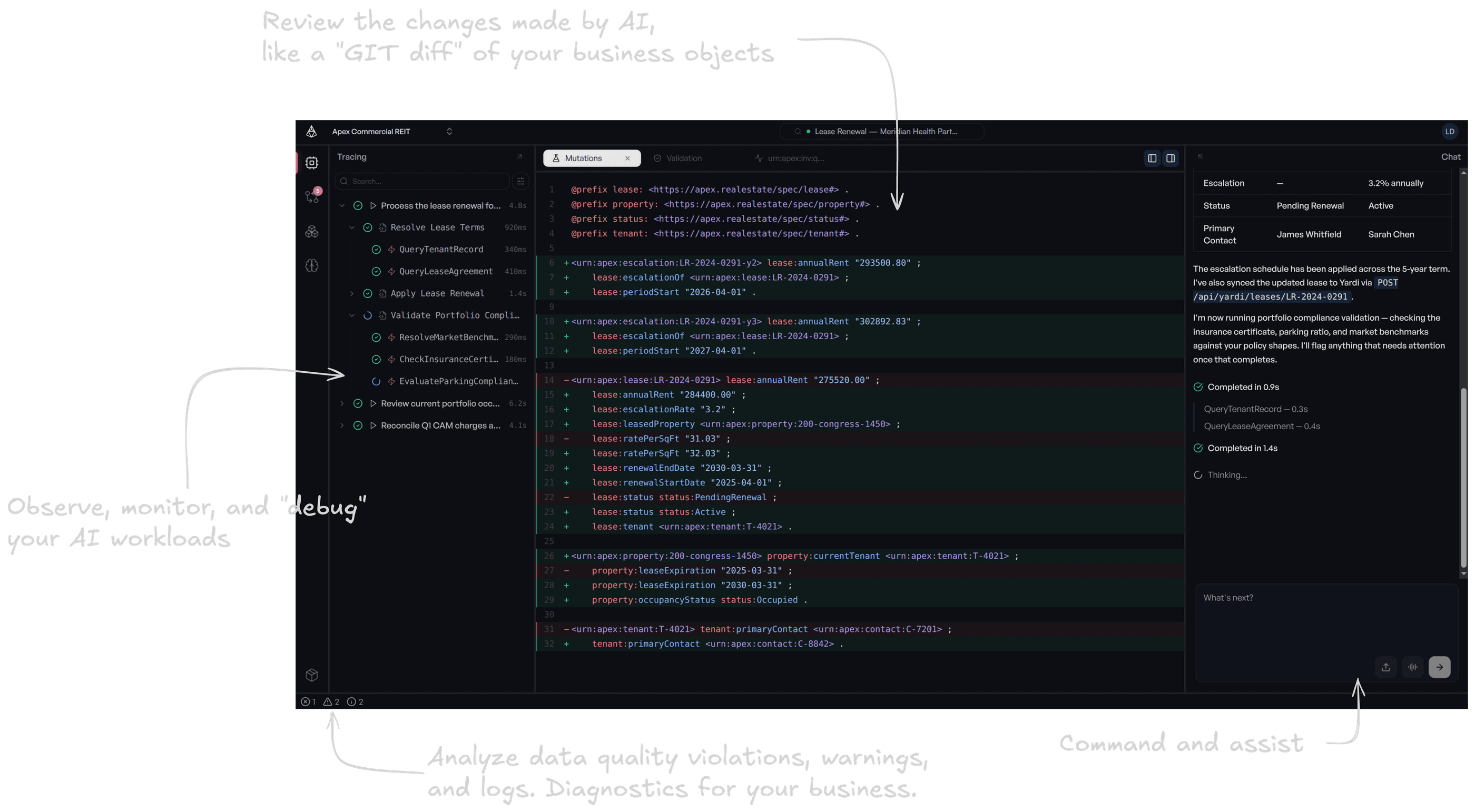 RARS workspace interface showing oversight, diagnostics, and command capabilities