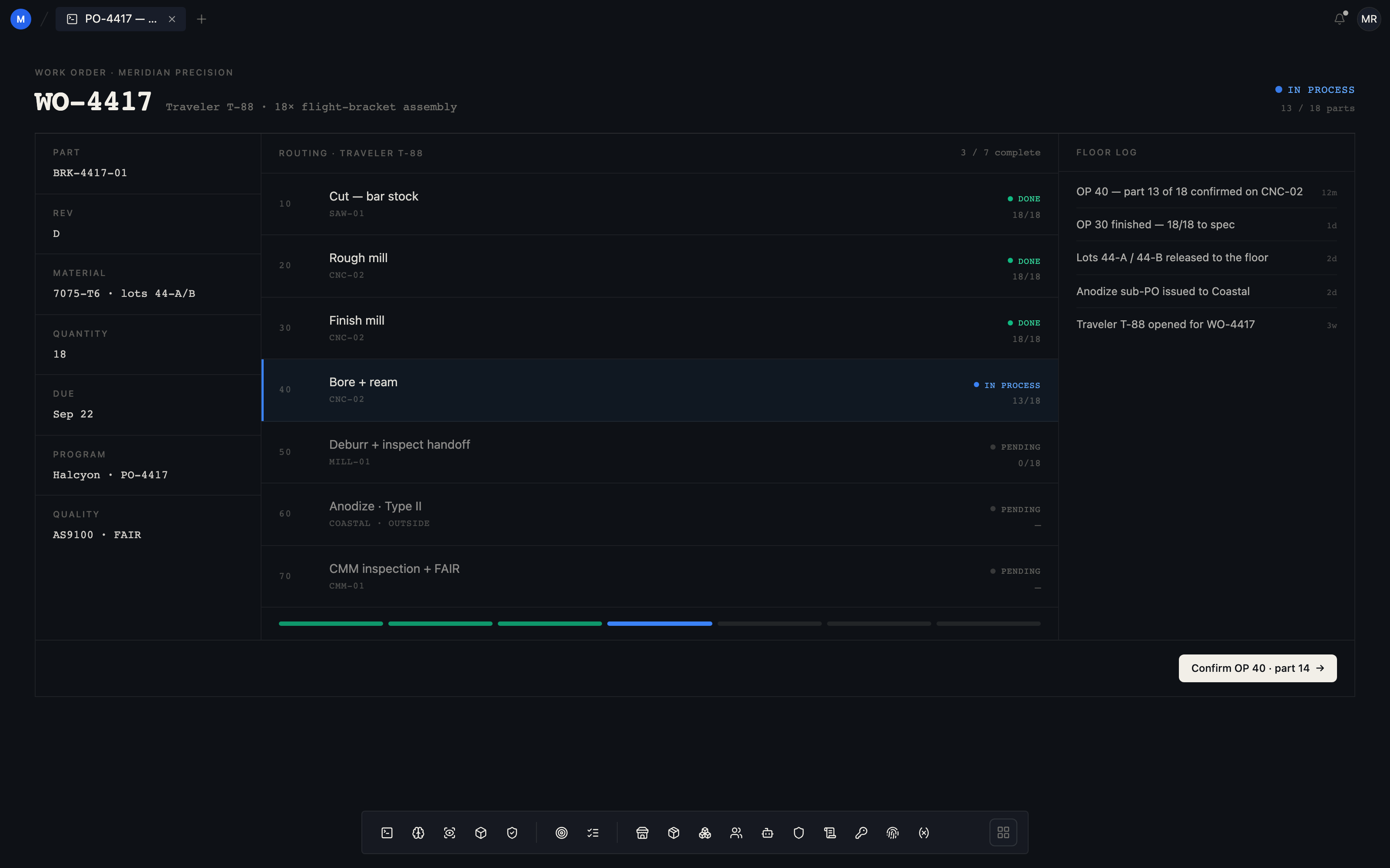 A work order rendered inside the workplace in its own style: PO-4417's traveler with the part, its routing and live per-operation progress, the floor log, and the one action that matters.